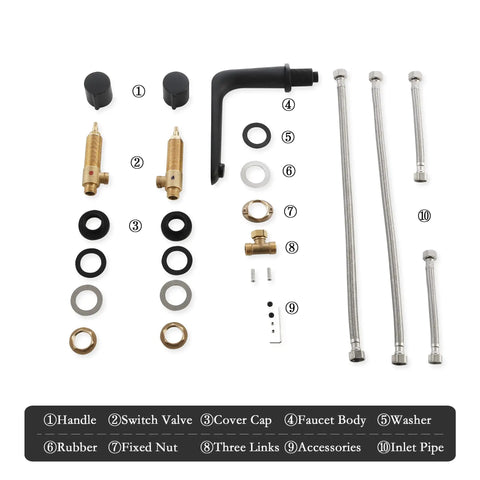 Components of Three Piece Widespread Bathroom Faucet With 3 Holes Deck Mount Matte Black Finish, 360 Degree Swivel Spout