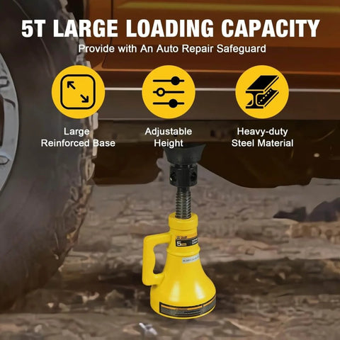 Heavy Duty Five Ton Car Support Screw Jack For Home Garage Construction And Bridge Stabilization Pro Grade Lift With Adjustable Range From Nine And A Half To Thirteen And Three Eighths Inches Rugged Anti Skid Base And Saddle Ten Thousand Pounds Capacity under vehicle