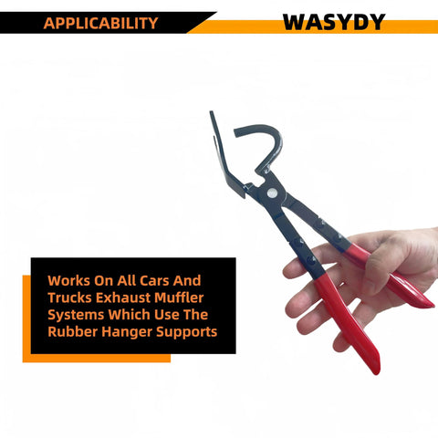 Exhaust hanger removal tool WASYDY with red-handled pliers for rubber hangers, side view