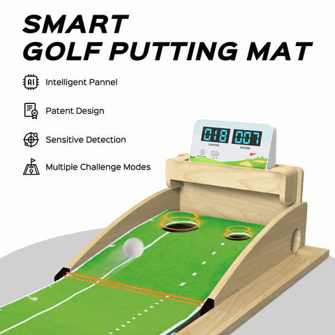 Premium Smart Putting Green Indoor Mat with Putt Counter and Dual Hole Training Game on display with digital scoreboard.