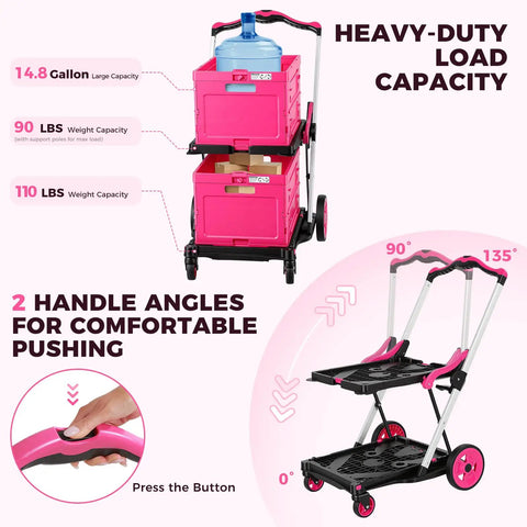 Collapsible Shopping Cart Platform Hand Truck With One Button Fold Adjustable Handle From 90 To 135 Degrees 2-Tier Storage 200 Lb Total Load Easy Fold And Go Perfect For Grocery Runs And Hauling