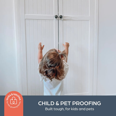 Child reaching for cabinet with Sliding Cabinet Locks 3 Pack White For Kid Safe Latches Easy Install Childproof Locks visible.