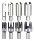 8 Piece Heavy Duty Carbon Steel Wood Plug Cutter Drill Bit Set With Straight And Taper Claw Heads For Flawless Countersunk Coverage And Clean Shop Finishes Daily, showcasing various sizes.