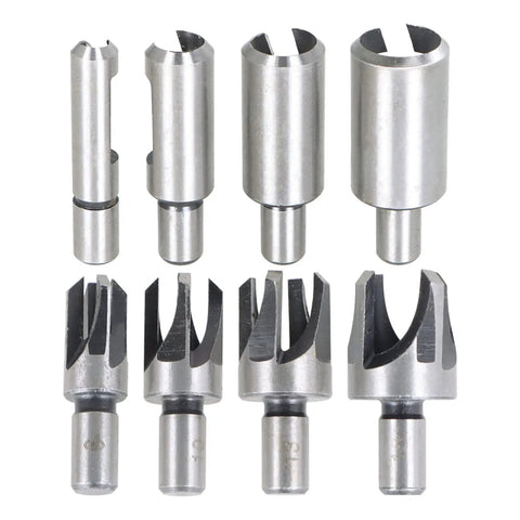 8 Piece Heavy Duty Carbon Steel Wood Plug Cutter Drill Bit Set With Straight And Taper Claw Heads For Flawless Countersunk Coverage And Clean Shop Finishes Daily, showcasing various sizes.
