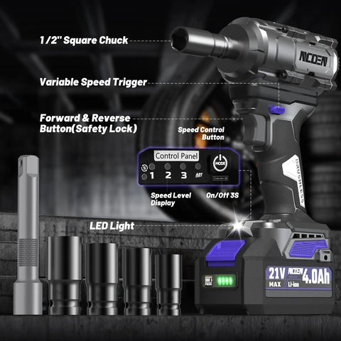 Beefy 600 Nm Half Inch Cordless Impact Wrench Kit With Two 4Ah Batteries, 450 Foot Pounds Max Torque, four sockets, blue.
