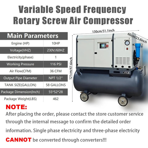 10HP Rotary Screw Air Compressor 230V Single Phase 36 CFM Powerful All-In-One Unit Compact Footprint Professional Grade Industrial Pump For Shop Use Reliable Performance Cool Running Efficient Design Durable Build Quality High Pressure Output Great Value