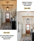 Dope Industrial Farmhouse 3 Light Pendant Fixture in Black and Gold hanging in a modern hallway with turned on and off views.