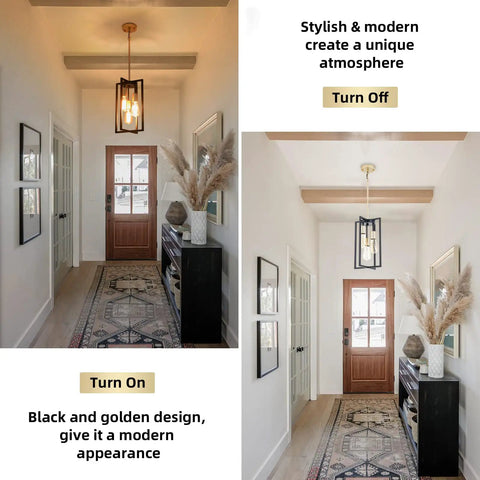 Dope Industrial Farmhouse 3 Light Pendant Fixture in Black and Gold hanging in a modern hallway with turned on and off views.
