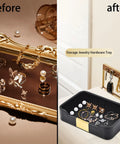 Leather Tray Desk Organizer For Jewelry Watches Keys And Small Essentials Must Have Luxury Nightstand And Entryway Storage Tray In Black With Stitched Edges And Metal Accents 8.5L X 5.7W X 1.8H shown organizing jewelry.