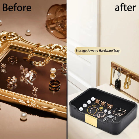 Leather Tray Desk Organizer For Jewelry Watches Keys And Small Essentials Must Have Luxury Nightstand And Entryway Storage Tray In Black With Stitched Edges And Metal Accents 8.5L X 5.7W X 1.8H shown organizing jewelry.
