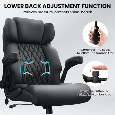 Big And Tall 500Lbs Office Chair With Inflatable Lumbar Support For Back Pain Relief, shown with lumbar adjustment feature.