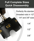 Pro Shop Nut Spinner Drill Attachment For Swift Bolt Extraction And Threaded Rod Removal Handles 1/4 3/8 And 1/2 Inch Sizes close-up view showing size markings.