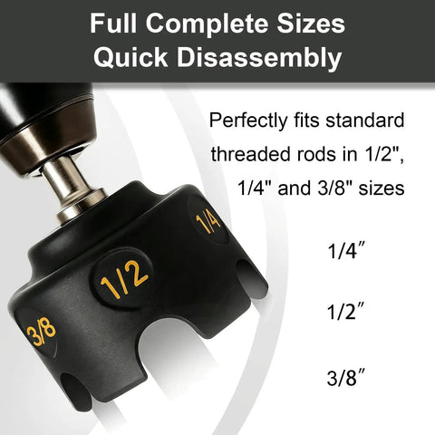 Pro Shop Nut Spinner Drill Attachment For Swift Bolt Extraction And Threaded Rod Removal Handles 1/4 3/8 And 1/2 Inch Sizes close-up view showing size markings.
