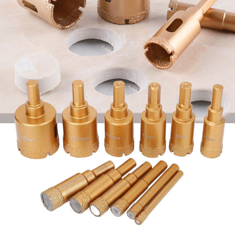 Ultimate 12 Piece Diamond Drill Bit Set For Ceramic Granite Marble Glass Brick Dry Wet Use With 40 Grit And High Speed Steel Core For Precision Hole Sawing From Size 6 Mm To 35 Mm Made to Crush Any Tough Material, 35mm to 6mm bits shown