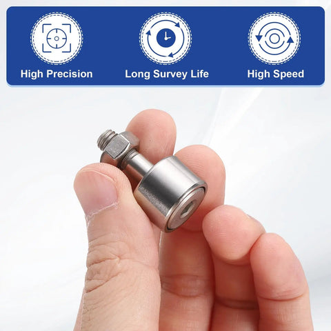 Cam Follower Track Runner Bearing Set Three Pack CF6 KR16 X Needle Roller Stud Track Bearing 16 Mm Roller Diameter M6 By 1 Mm Thread For Machine Tool Guide Rail Hex Socket Heavy Duty Pro Grade, stainless steel bearing held in hand