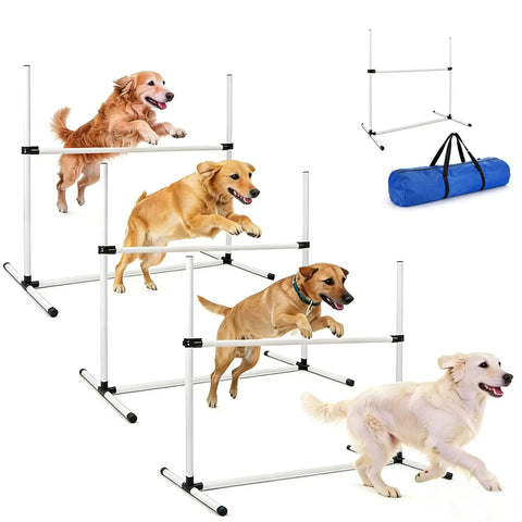 All Weather Dog Agility Jump Set With Adjustable Bars PVC Training Kit for indoor outdoor play includes carry bag