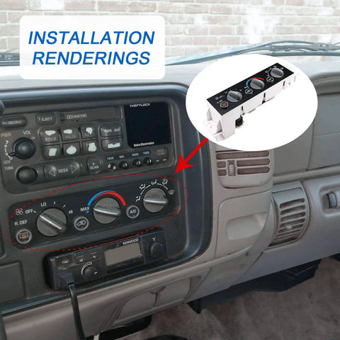 Easy Install AC Heater Climate Control Panel With Rear Window Defogger Switch Replacement For 1996 To 2000 Chevy C1500 C2500 Tahoe GMC Yukon Cadillac Escalade installed in dashboard view
