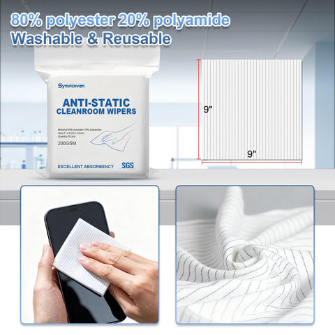 Anti Static Microfiber Wipes 9 By 9 Inches 50 Pcs Lint Free Reusable Cloths For Electronics With Conductive Carbon Yarns ESD Safe Class 100 200 GSM Ideal For Techies Handling Sensitive Components And Tools package and uses