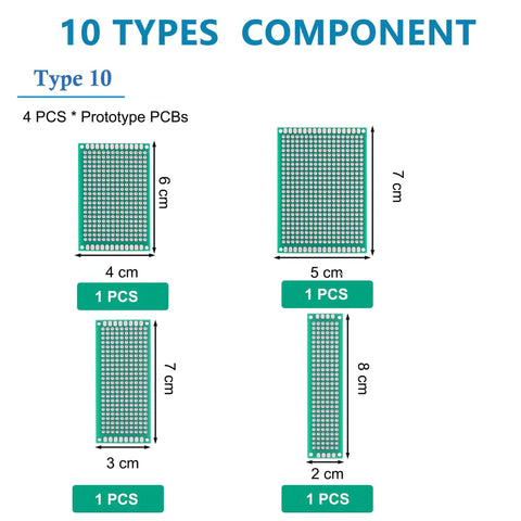Epic 1818 Piece Dope DIY Electronics Component Kit With Resistors Capacitors LEDs Diodes Transistors Zener And Rectifier Diodes PCBs Potentiometers For Arduino STEM And Hobby Projects, showing four prototype PCBs with dimensions.