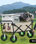 Heavy Duty Pneumatic Caster Wheels Set Of Four With Two Rigid And Two Swivel Brackets mounted on a garden cart carrying a cooler and bags.