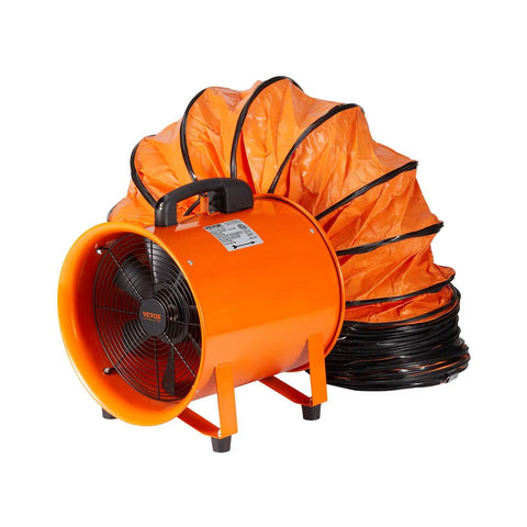 VEVOR Air Mover Blower Fan 12 Inch, 3198CFM 585W with 16.4ft flexible duct, orange industrial portable ventilator.
