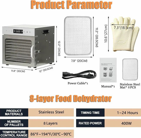 Eight Tray Food Dehydrator With Precise Digital Timer And Temperature Control High Speed Airflow Design Makes Nailing Homemade Beef Jerky And Dried Herbs A Total Breeze Daily, featuring stainless steel design and eight racks.