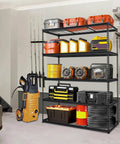 Heavy Duty 5 Tier Garage Shelving Unit With 2500 Lbs Capacity, 60 In L By 24 In D By 78 In H Metal Utility Storage Rack For Garage, Basement, And Workshop Organization, Built To Haul Tools, Bulk Supplies, And Seasonal Gear on black metal shelves with tools and bins