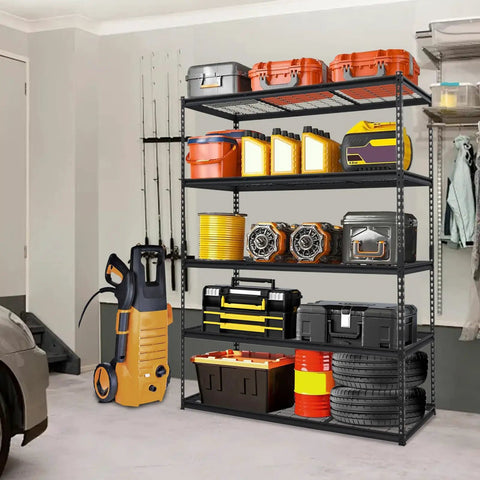 Heavy Duty 5 Tier Garage Shelving Unit With 2500 Lbs Capacity, 60 In L By 24 In D By 78 In H Metal Utility Storage Rack For Garage, Basement, And Workshop Organization, Built To Haul Tools, Bulk Supplies, And Seasonal Gear on black metal shelves with tools and bins