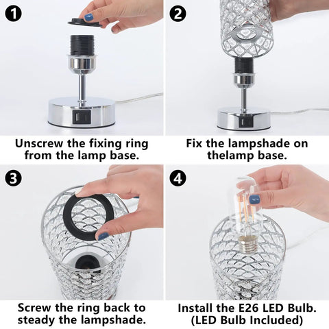 Assembly steps for Crystal Touch Table Lamps Set of 2 with USB C and USB A Charging Ports, showing installation of lampshade and LED bulb.