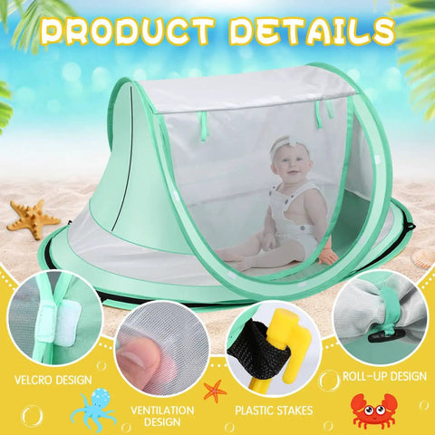 Large Pop Up Baby Beach Tent With Mosquito Net Portable Sun Shade For Travel And Indoor Play, features infant inside.