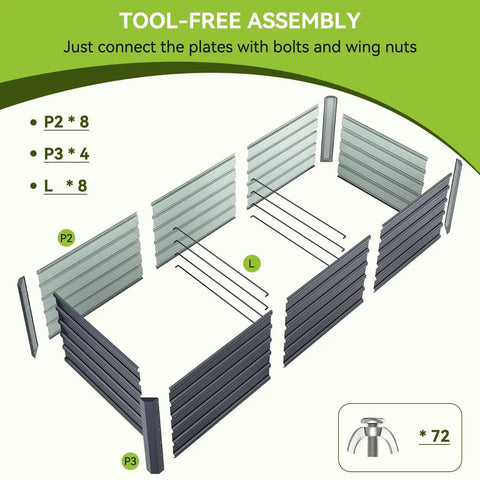 Assembly diagram of Heavy Duty Tall Raised Garden Bed 8 By 3 By 1.9 Feet Galvanized Steel Rustproof Planter Box Holds 341 Gallons