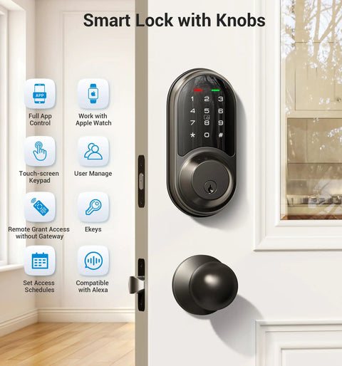 Slick Matte Black Keyless Entry Smart Lock Electronic Deadbolt Featuring Dual Knobs Handle Set App Controlled Web Portal Remote Ekey Sharing Numeric Passcode And No Sweat Fob Access
