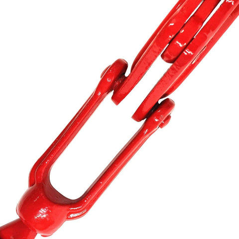Close-up of Beefy Heavy Duty Chain Binders 5 Sixteenth To 3 Eighth Inch Set Pack Of 2 With 5400 Lbs Working Load Limit, red steel handle