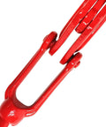 Close-up of Beefy Two Lever Binders For Tie Downs 3/8 To 1/2 Inch, Grade 70 Transport Chain Ready, red heavy-duty lever hooks.