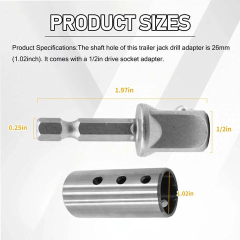 Heavy Duty Trailer Jack Drill Adapter Half Inch Hex Socket For One Inch Drive Shaft Stainless Steel Cordless Drill Attachment