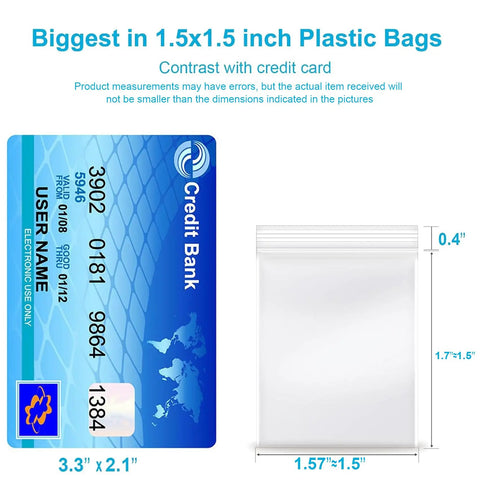 1.5 By 1.5 Inch Clear Plastic Reclosable Zip Bags 2 Mil Thick Pack Of 100 Resealable Lock Seal Poly Bags next to credit card for scale