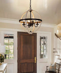 Dope Farmhouse Rustic Globe Orb Chandelier in oak and white finish above a foyer entryway with four light pendant.