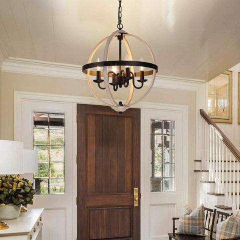 Dope Farmhouse Rustic Globe Orb Chandelier in oak and white finish above a foyer entryway with four light pendant.