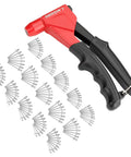 Arrow Headless Pop Rivet Gun One Handed Automatic Size Adjustment For 1 8 5 32 3 16 Inch Rivets with 150 pcs rivets displayed.