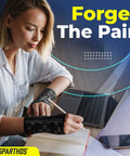 Woman using laptop and writing while wearing Wrist Support Sleeves Pair For All Day Pain Relief, Medical Grade Compression.