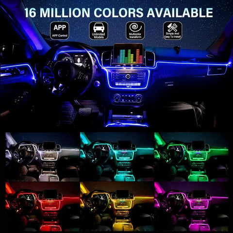 Colorful RGB Car Interior LED Strip Light Kit With 16 Million Colors 5 In 1 Fiber Optic 236 Inches ambient lighting in car cabin.