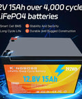 12V 15Ah LiFePO4 Battery With Built-In BMS, 4000+ Deep Cycles, Waterproof, Lightweight 3.5 Lb, Battery Box Design