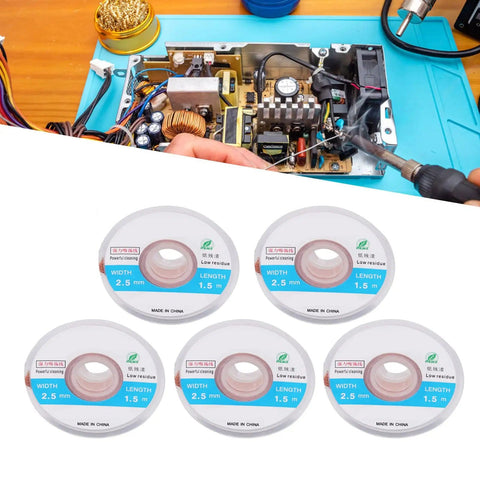Pro Grade Copper Solder Wick Desoldering Braid No Clean Low Residue Solder Wire For PCB Repair And BGA Maintenance 2.5mm Width 4.9ft Length Premium 5 Pack Solder Removal Kit shown in action on a PCB with soldering tools visible in background.