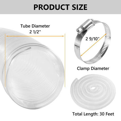 Beefy Heavy Duty Two And A Half Inch Clear PVC Dust Collection Hose 30 Feet With Clamps product size details