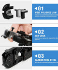 Close-up of All In One PEX Crimp Tool Kit features: polished jaw, jaw lock mechanism, carbon tool steel construction.