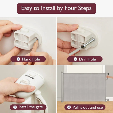 Four-step installation guide for retractable baby gate for stairs and doorways, 33 inch tall, expands to 55 inch wide, double locking safety.