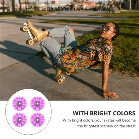 Light Up Quad Skate Wheels Set of 4 with Bearings for Indoor and Outdoor Roller Skates, Iridescent Pink Purple Glow with skater