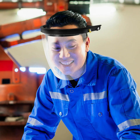 Man wearing Badass Heavy Duty Protective Visor With Rock Solid Impact Resistant Shield and Adjustable Spring Band Welding Hood.