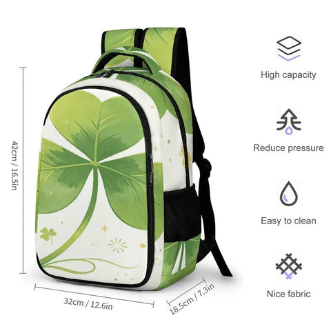 Green Three Leaf Clover Printed Unisex Backpack With Large Capacity, Durable Polyester Build, Breathable Fabric, Easy Clean Surface