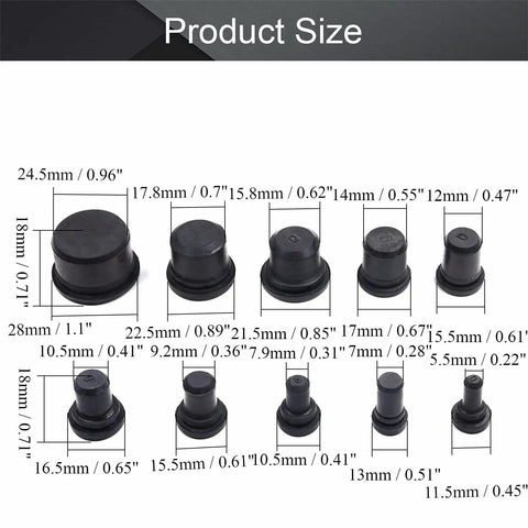 Product size chart for 10 Piece Rubber Stopper Set In 10 Sizes Solid Hole Plugs For Pipes Drains Lab Equipment And DIY Projects Flexible Durable Rubber Plugs For Sealing One Hole Assorted Sizes For Quick Fits.